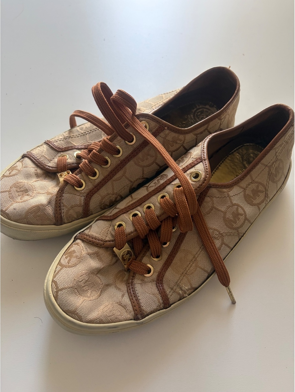 Michael Kors Beige and Brown Logo Canvas Sneakers Size 7